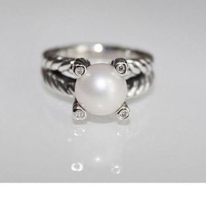 David Yurman 10mm Cable Cultured Freshwater Pearl & Diamonds Ring Size 7